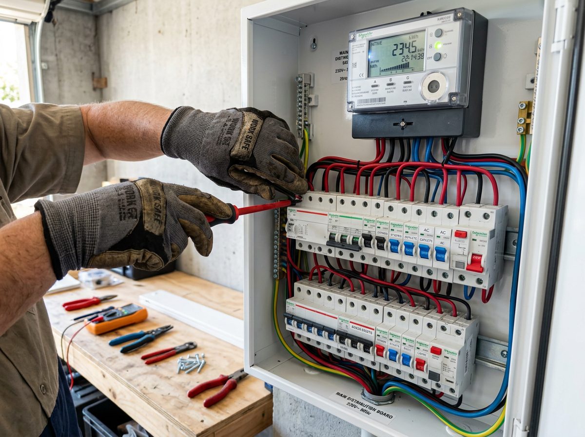 Elektriker arbeitet an einem Zählerschrank
