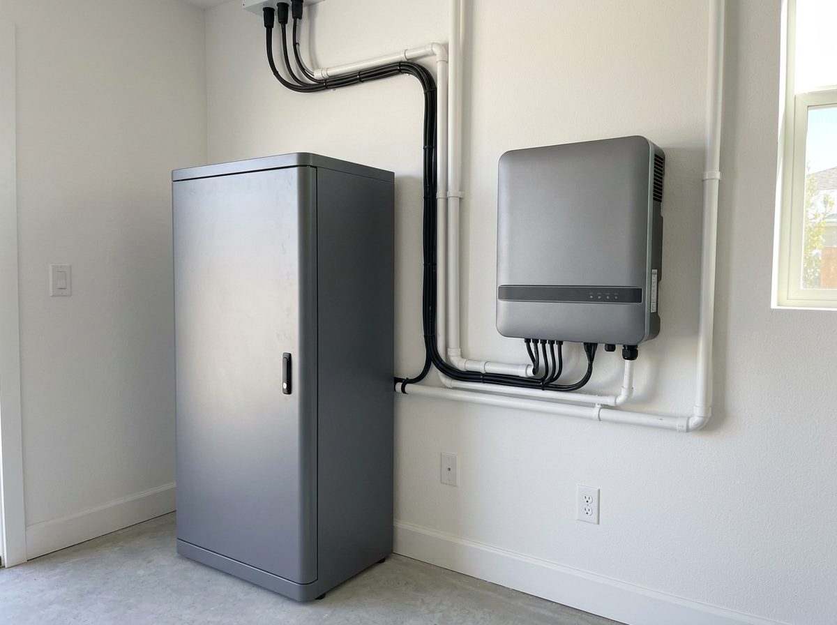 Batteriespeicher und Wechselrichter an einer Wand